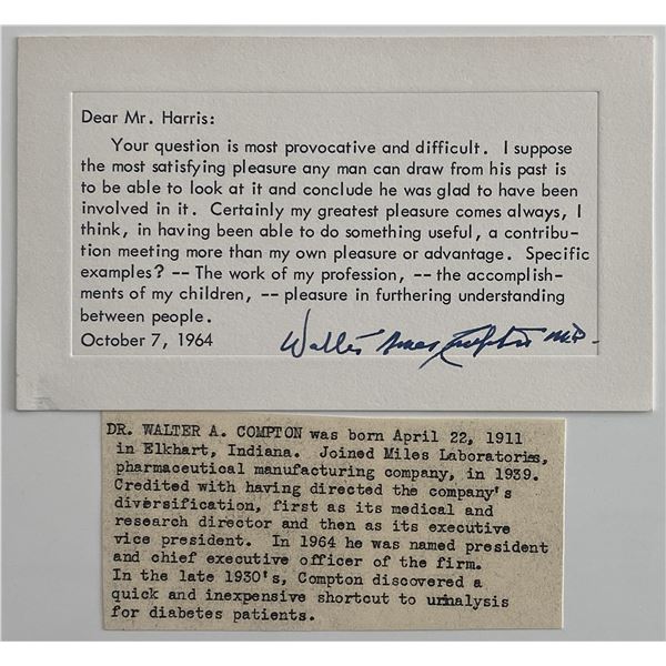 Dr. Walter A. Compton signed note and bio