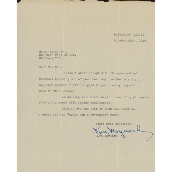 Ken Maynard famous cowboy signed letter