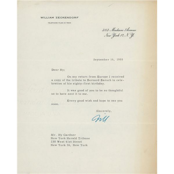 William Zeckendorf signed letter