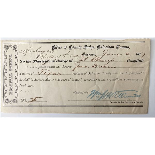 1877 Galveston County Signed Hospital Permit