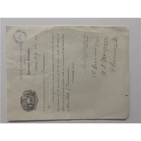 NY State Executive Chamber 1895 signed Letter to Tennessee Governor