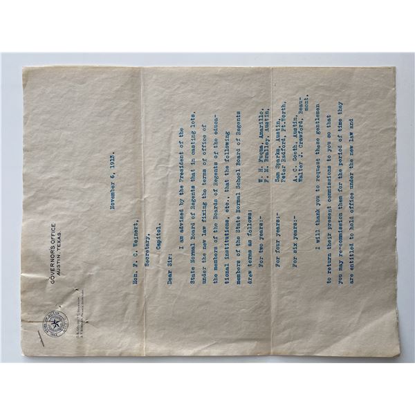 Governor of Texas Oscar Branch Colquitt 1914 signed letter