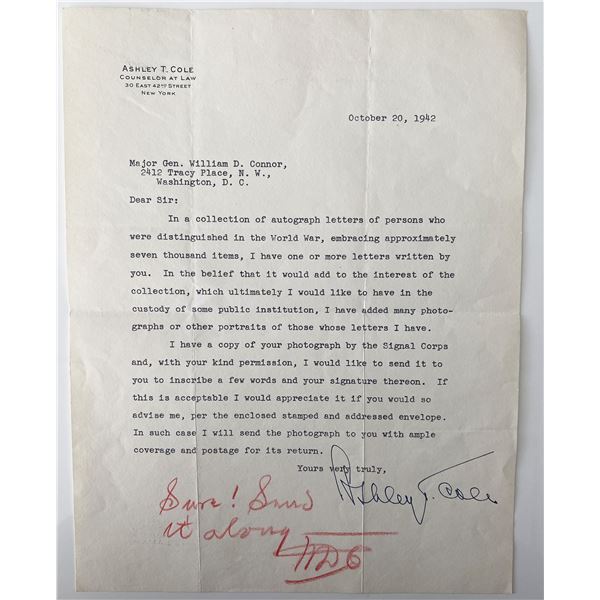 Military Officer William Durward Connor signed letter
