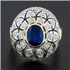 Image 2 : 18k TT Gold Oval Bezel Sapphire w/ 1.7 ctw Diamond Milgrain Mosaic Dome Bombe Ri