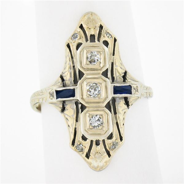 Antique Art Deco 18k White Gold 0.18 ctw Diamond Sapphire Open Etched Dinner Rin