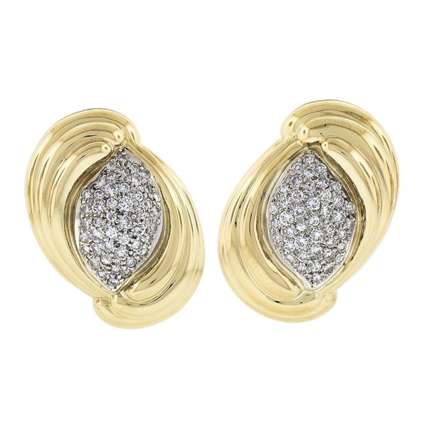 Vintage 18k Yellow Gold 2.15 ctw Pave Diamond Domed Swirl Earrings w/ 14k Backs