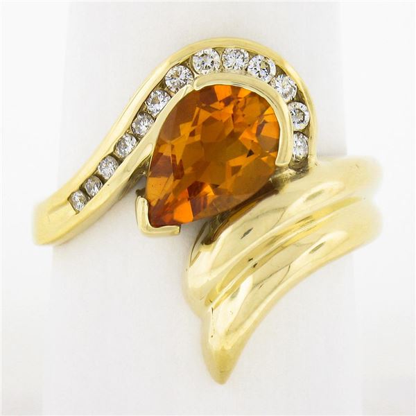 18k Yellow Gold 1.98 ctw Pear Cut Citrine & Channel Diamond Grooved Bypass Ring
