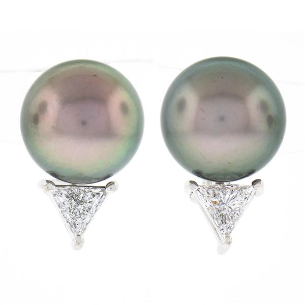 Fancy 14k White Gold 11.6mm Tahitian Pearl w/ 0.80 ctw Trillion Diamond Earrings
