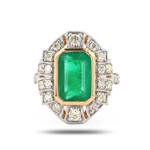 3.96 ctw Emerald and 0.82 ctw Diamond 18K Yellow and White Gold Ring (GIA CERTIF