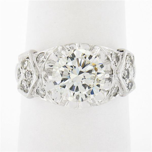 Vintage Platinum 2.15 ctw GIA Round Prong Set Diamond w/ Accents Engagement Ring