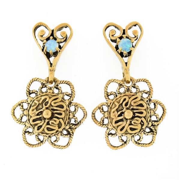 Vintage Victorian Revival 14k Gold Opal Textured Wire Flower Dangle Earrings