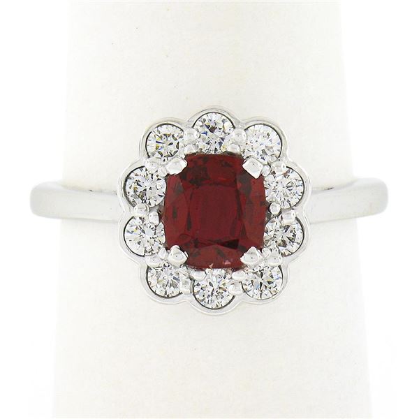 Platinum 1.35 ctw GIA BURMA NO HEAT Cushion VIVID RED Spinel Diamond Halo Ring