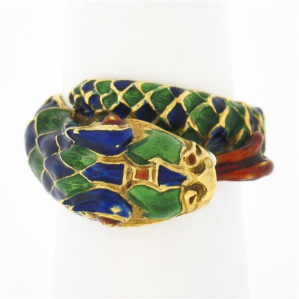 Vintage 18k Yellow Gold Multicolor Enamel Detailed Textured Snake Wrap Ring