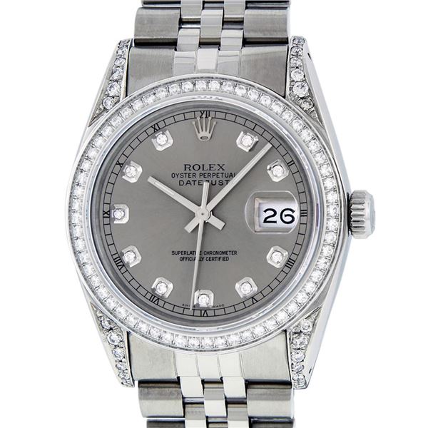 Rolex Mens Stainless Steel Slate Grey Lugs And Diamond Bezel Datejust Wristwatch