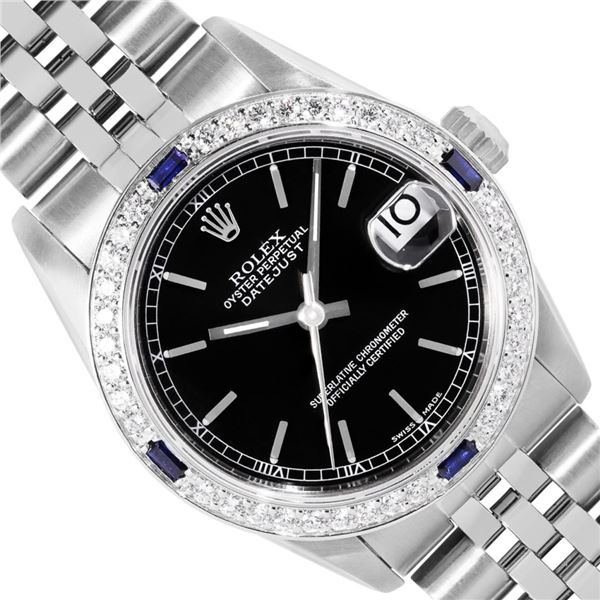 Rolex Midsize 31MM Quickset Stainless Steel Black Index Dial 18K Diamond And Sap