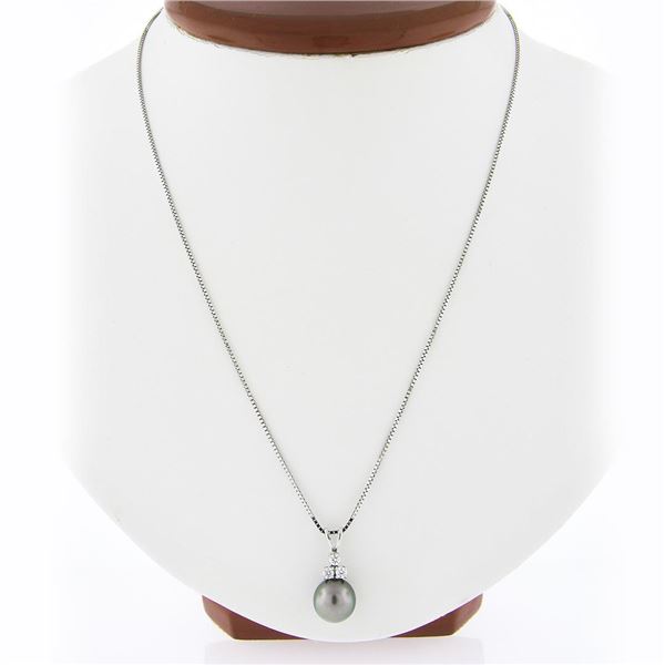 14K White Gold 9.18mm Tahitian Gray Pearl & Diamond Pendant & 17" Chain Necklace