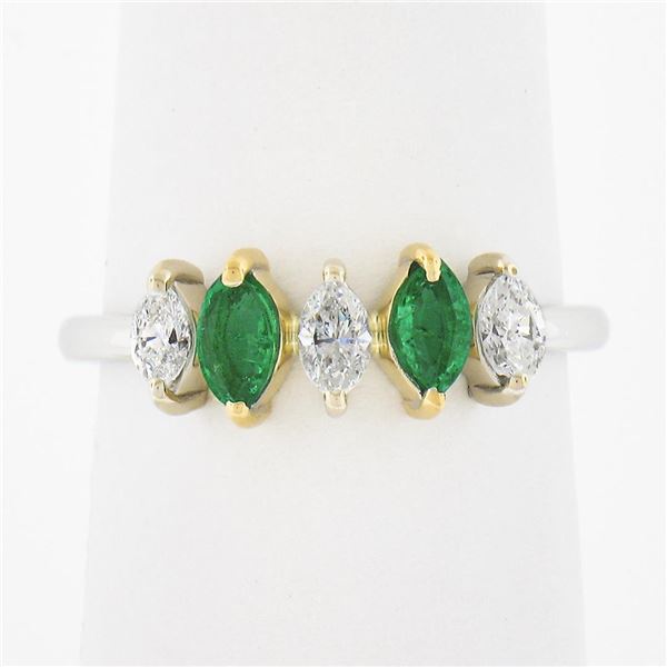 NEW 18K TT Gold 0.66 ctw Marquise Prong Diamond & Emerald Five 5 Stone Band Ring