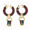 Image 3 : Estate 18k Gold Red Enamel Large Hoop w/ Smaller Round Link Drop Dangle Earrings