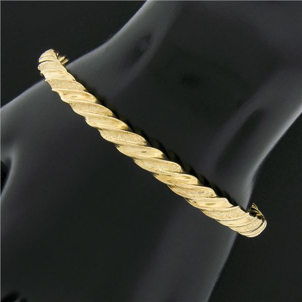14K Yellow Gold 6.5  5.6mm Dual Finish Twisted Hinged Open Stack Bangle Bracelet