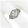 Image 4 : Antique Art Deco Plat GIA European Diamond & Emerald Mil grain Etched Domed Ring