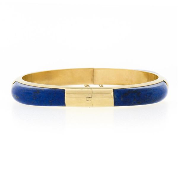 Vintage 14K Yellow Gold Inlaid Set Blue Lapis 6.75" Hinged Open Bangle Bracelet