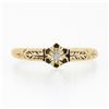 Image 4 : Petite Antique 14K Gold Buttercup Prong Set Diamond Solitaire Hand Engraved Ring
