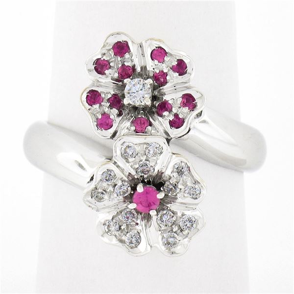 18k White Gold 0.45 ctw Round Pink Sapphire & Diamond Bypass Flower Cocktail Rin
