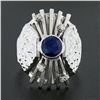 Image 2 : Vintage 14k White Gold Bezel Sapphire w/ Diamond Textured Open Work Domed Ring