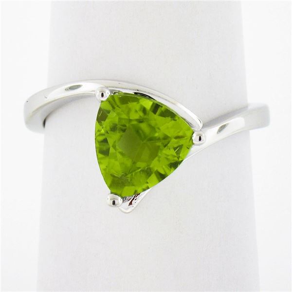 14k White Gold 1.83cw Prong Set Trillion Cut Peridot Solitaire Bypass Ring