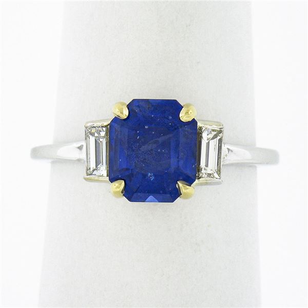 New 18K TT Gold GIA Ceylon Sapphire & Baguette Diamond 3 Stone Engagement Ring