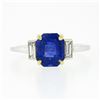 Image 4 : New 18K TT Gold GIA Ceylon Sapphire & Baguette Diamond 3 Stone Engagement Ring