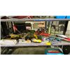 Image 1 : SHELF OF ASSORTED TOOLS INCLUDING; DEWALT ANGLE GRINDER, MAKITA DRILL, LINE SPRAYER & MORE