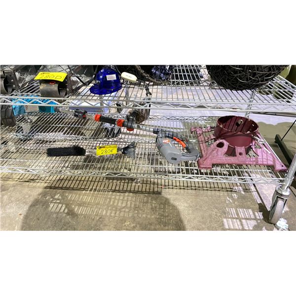 SHELF OF ASSORTED ITEMS INCLUDING; GARDENA CORDLESS TRIMMER, WINDSHIELD BRUSH/SCRAPER & CHRISTMAS