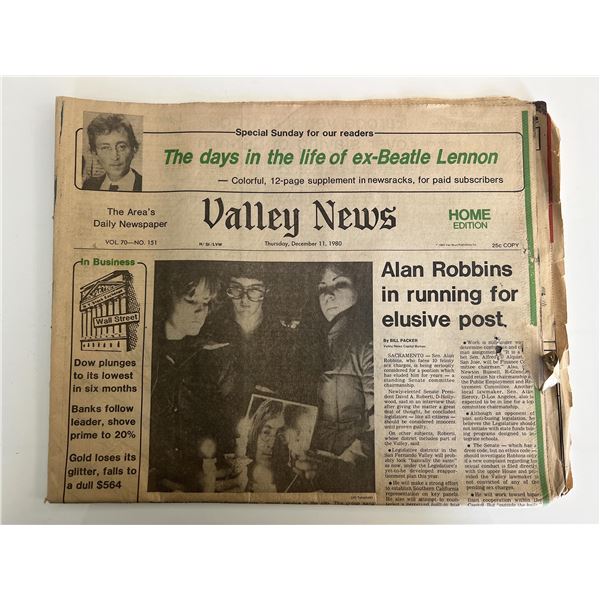 Valley News 1980 newspaper announcing John Lennon's death