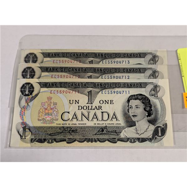 3 SEQUENTIAL 1973 CANAD $1 BILLS