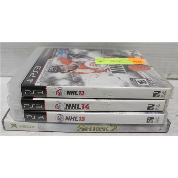 3 PS3 NHL GAMES AND 1 XBOX 360 SHREK GAME