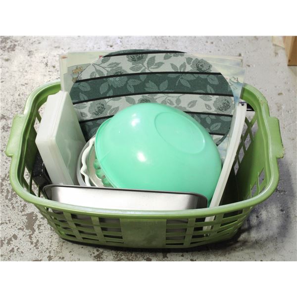 BASKET WITH BOWLS, TRAYS,BUNT PANS