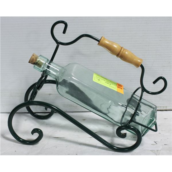 VINTAGE OIL CADDY WITH GREEN GLASS BOTTLE