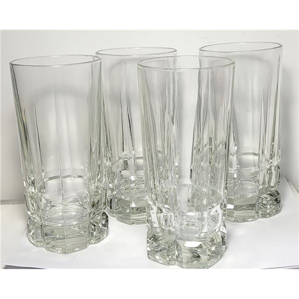 3)  LOT OF 4 TALL,  CUT GLASS BAR GLASSES.