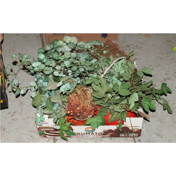 3 ARTIFICIAL VINE PLANTS & 2 DECORATIVE BROOMS