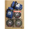 Image 1 : OILERS HANGING MIRROR HOCKEY GLOVES PLUS 3 SETS OF