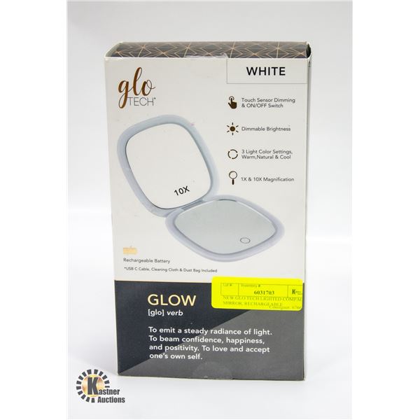 NEW GLO TECH LIGHTED COMPACT MIRROR, RECHARGEABLE
