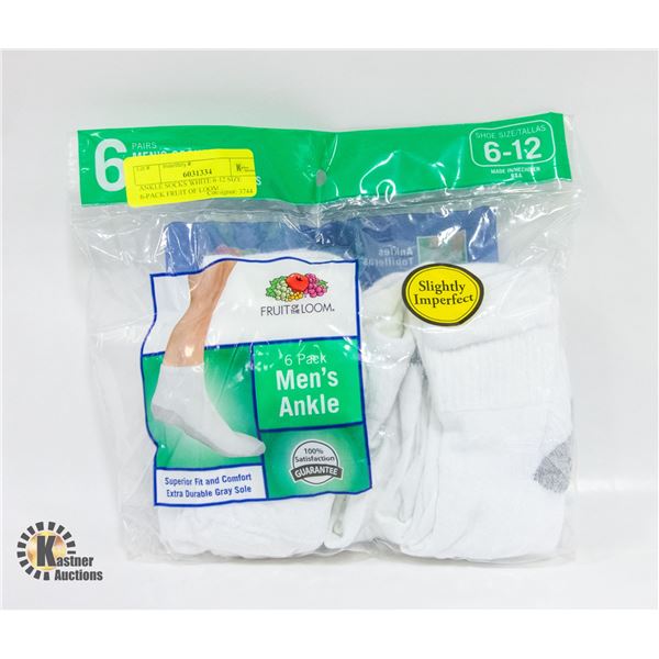 ANKLE SOCKS WHITE 6-12 SIZE 6-PACK FRUIT OF LOOM