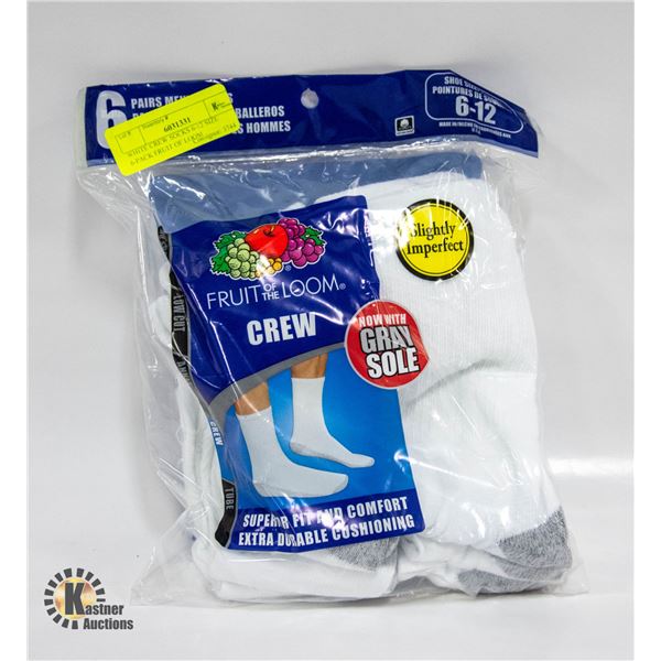 WHITE CREW SOCKS 6-12 SIZE 6-PACK FRUIT OF LOOM