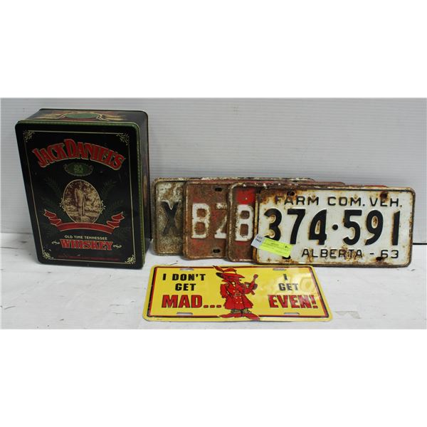 ESTATE LICENSE PLATES & LARGE JACK DANIELS TIN