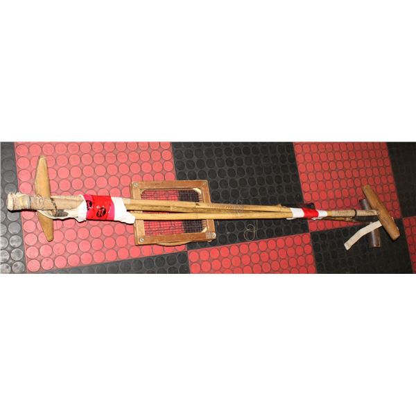 3 ANTIQUE POLO STICKS & TENNIS RACKET