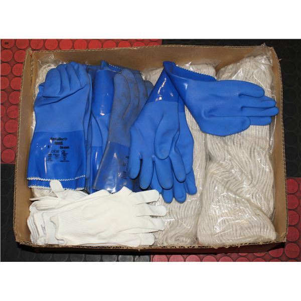FLAT OF JANITORIAL MOP HEADS,  GLOVES