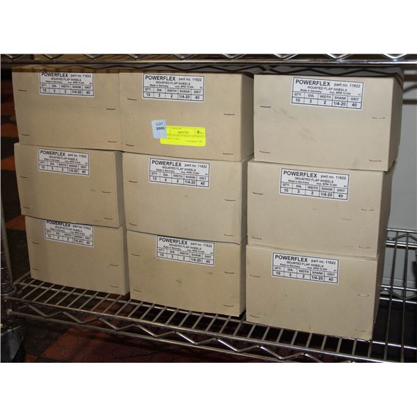 9 CASES OF MOUNTED FLAP WHEELS 10/CASE 3" DIA