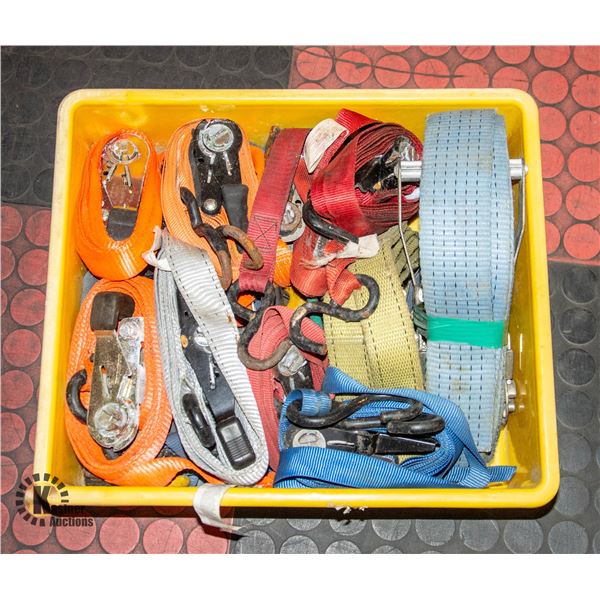 YELLOW TRAY OF ASSORTED RATCHET STRAPS