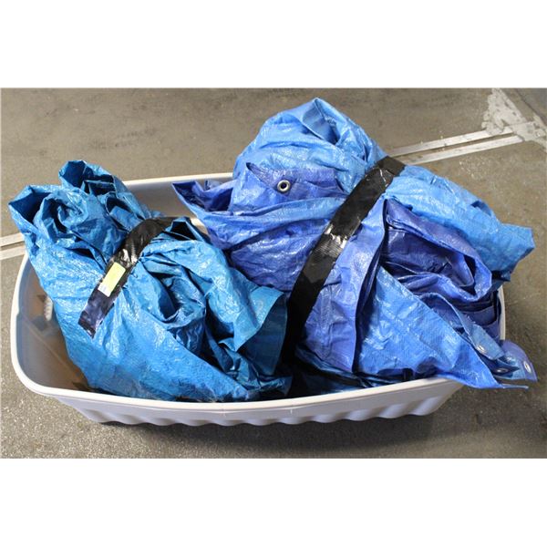 2X LARGE BLUE TARPS, IN LARGE TOTE,